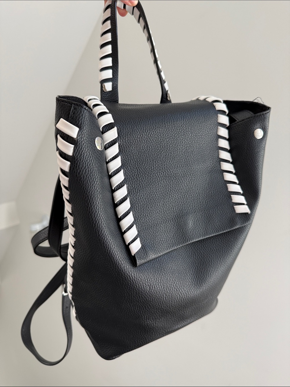 French Connection Black and White Woven-Trim Backpack Handbag